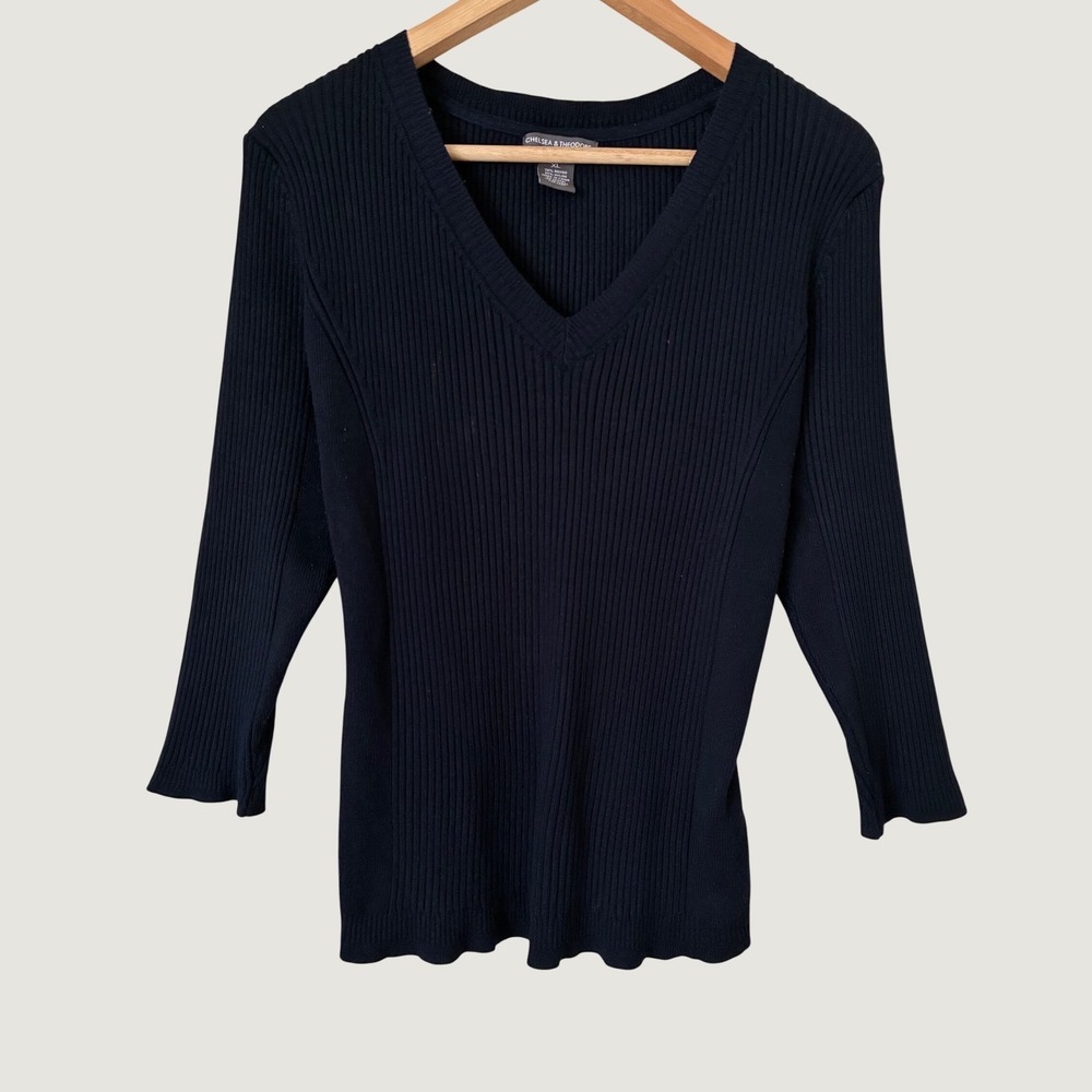 Chelsea & Theodore Navy Blue Ribbed V-Neck 3/4 Sleeve Top XL Minimalist